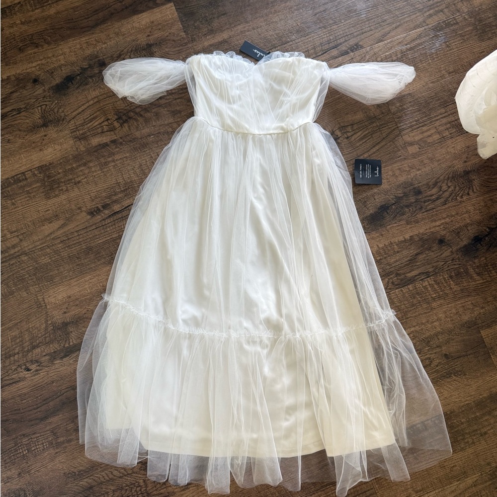 Lulu's White Tulle Off-Shoulder Dress